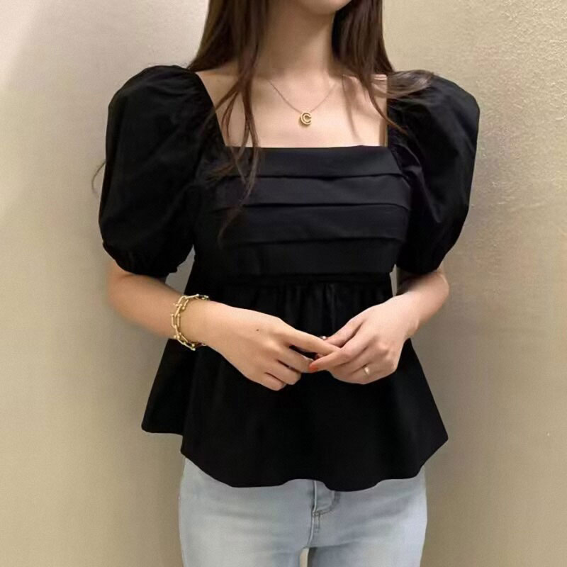 パフペプラムスクエアネックトップス