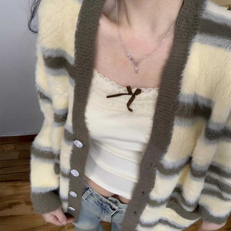 クリームシャギーボーダーカーディガン