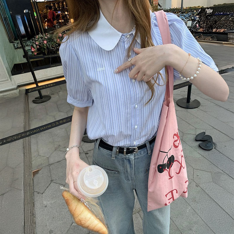 ブルーストライプパフボタンシャツ