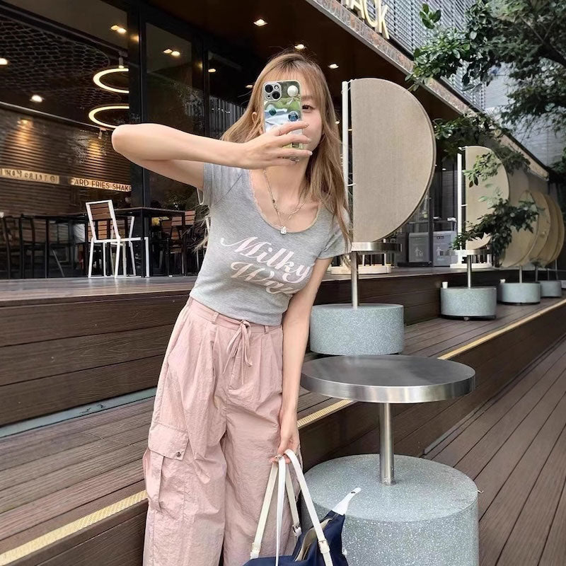 フレンチピンクリブクロップドTシャツ