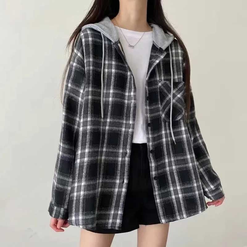 オーバーチェックフードシャツ