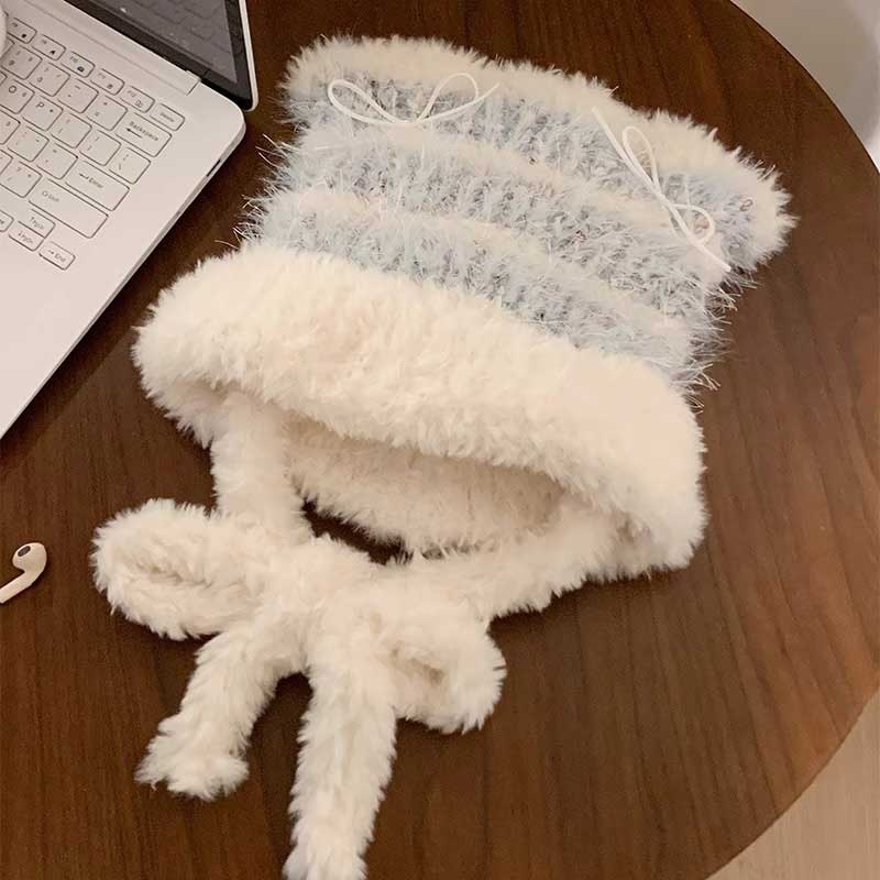 パステルボーダー猫耳ニット帽