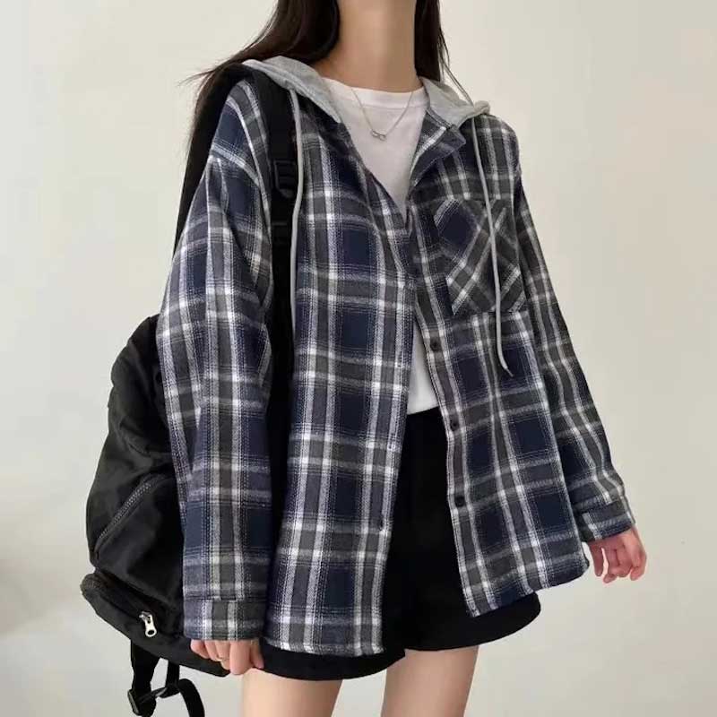 オーバーチェックフードシャツ