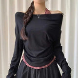 チェックアクセントワンショルダーロンT