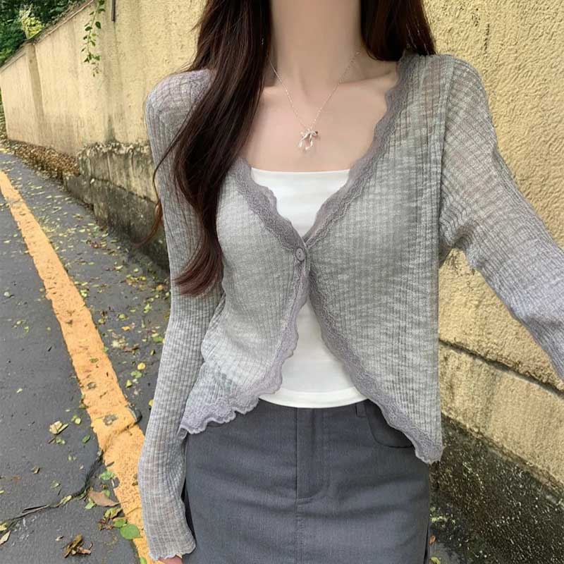 ワンボタンレースフリルスルーカーディガン