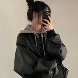 フード付きブラックレザーブルゾン