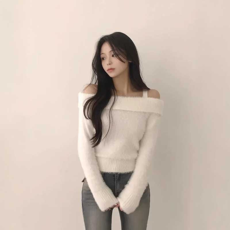 オフショルダーシャギーニット