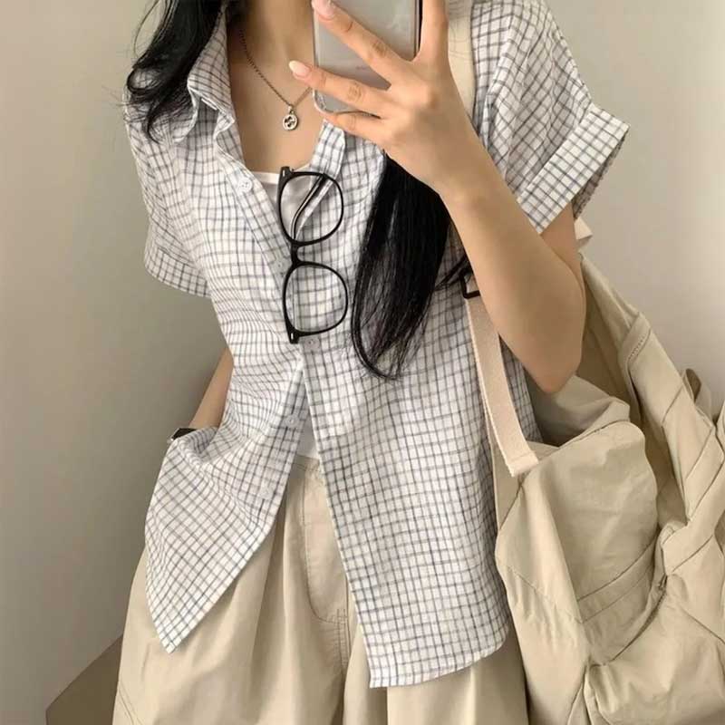 半袖ロールアップチェックシャツ