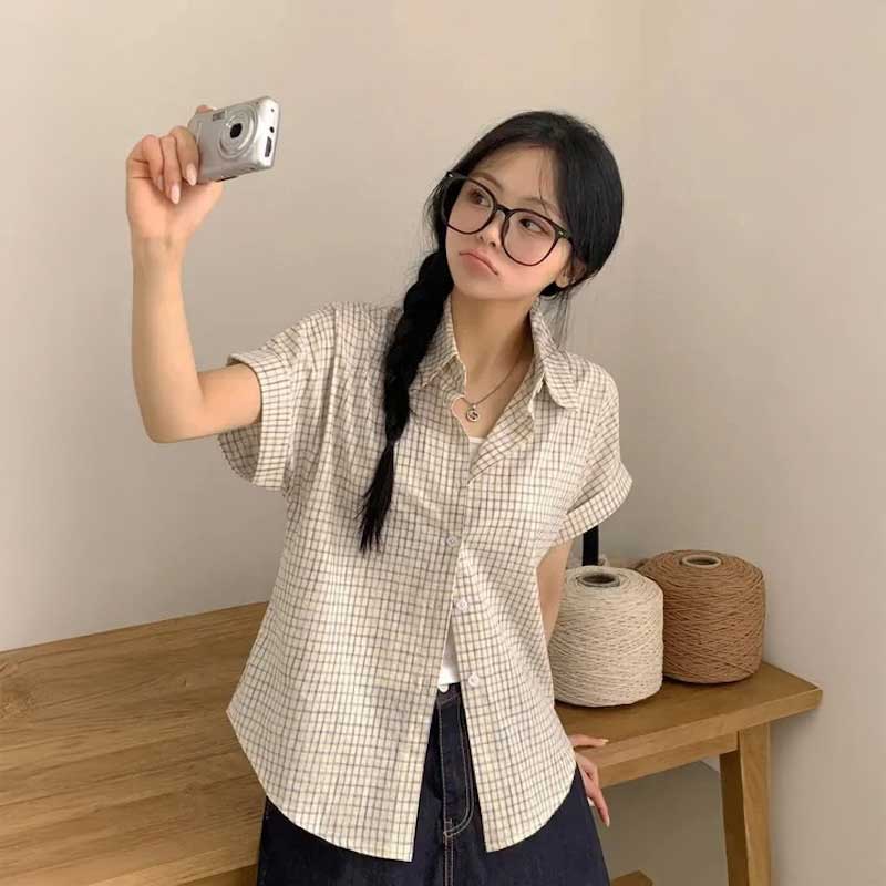 半袖ロールアップチェックシャツ