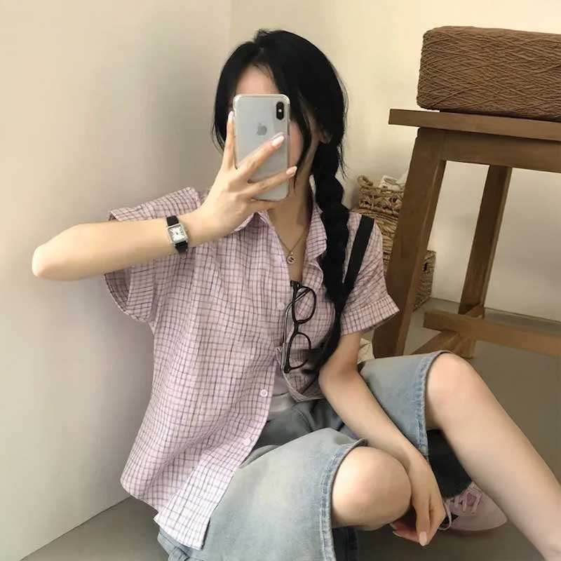 半袖ロールアップチェックシャツ