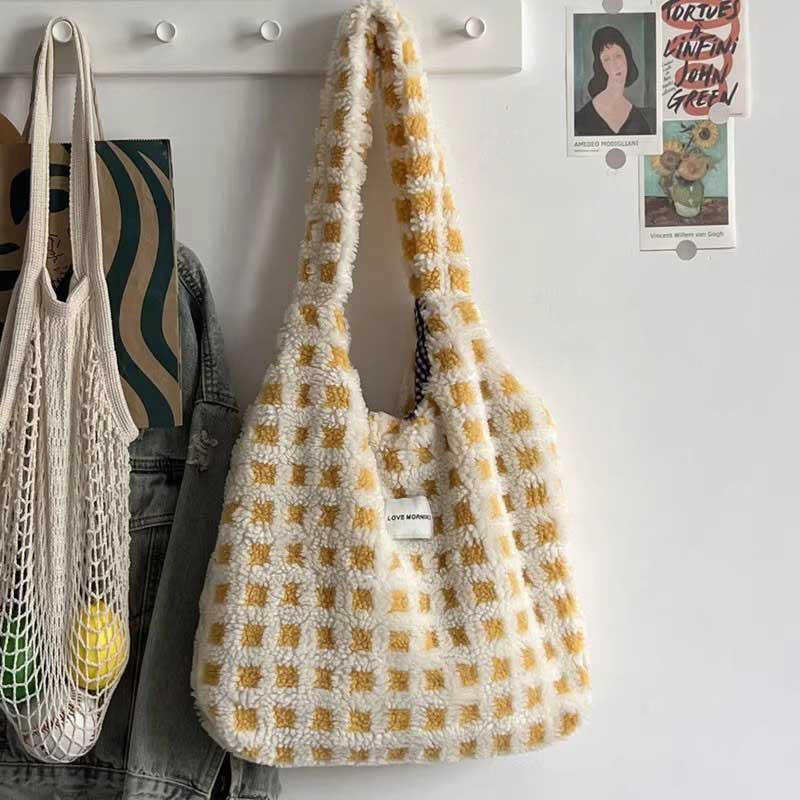 ボアチェックトートバッグ