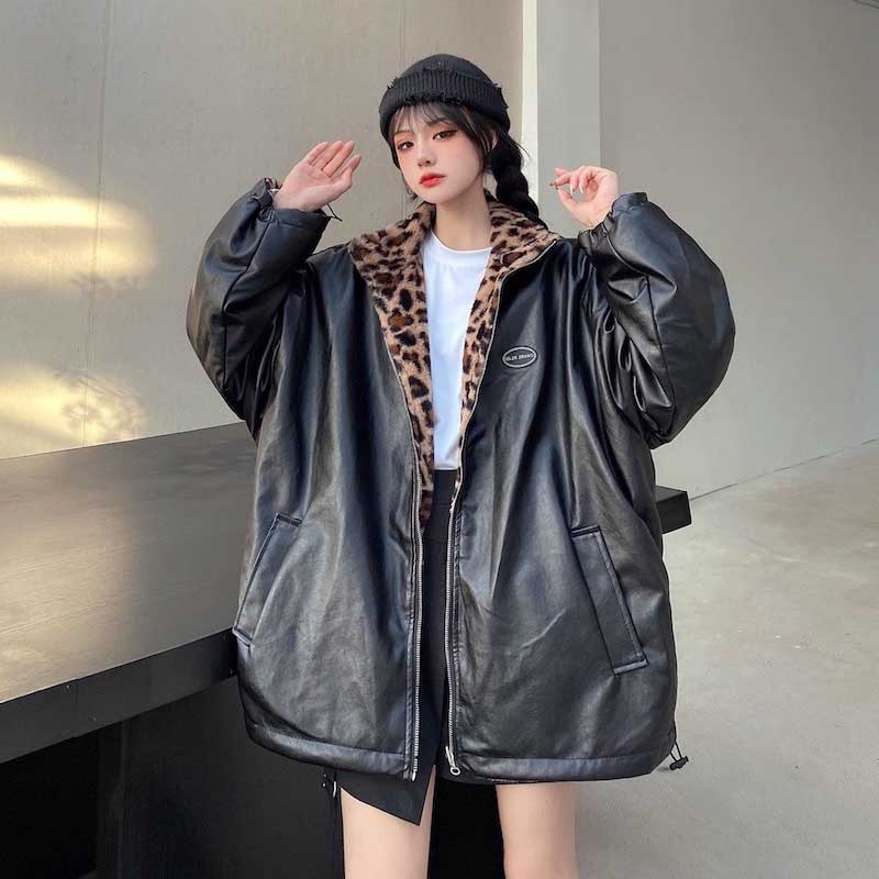 リバーシブルレオパードファーレザージャケット