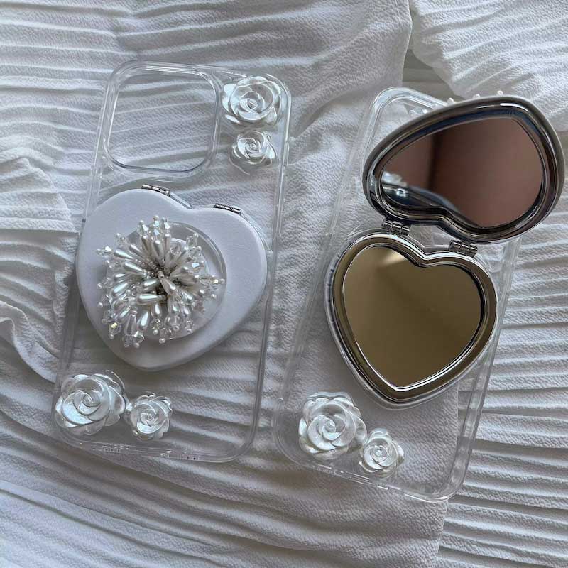 【iPhone17対応】ミラー付きビーズフラワーiPhoneケース