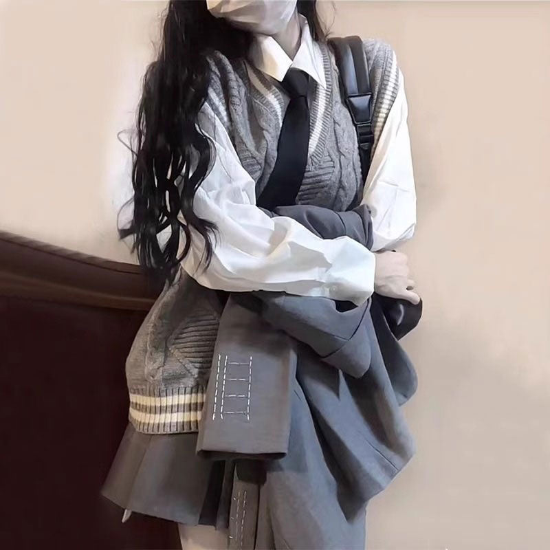 韓国風グレーベスト私立制服コーデ4点SET