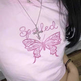 ピンクストーンクロスネックレス