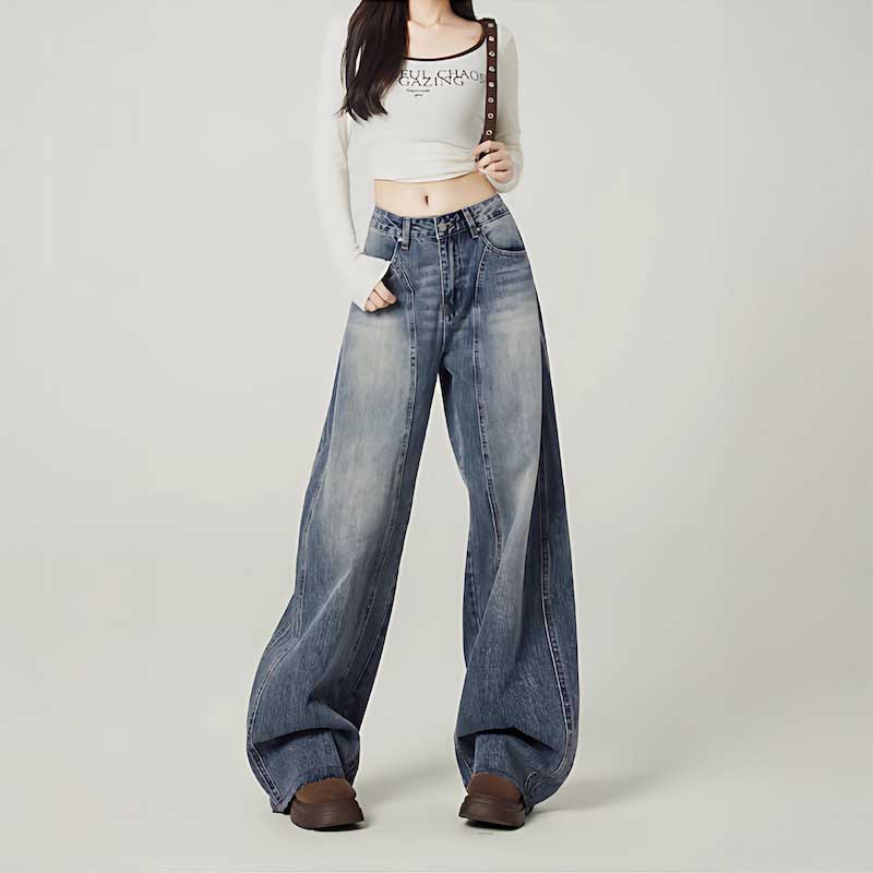 ウォッシュステッチカジュアルワイドデニム