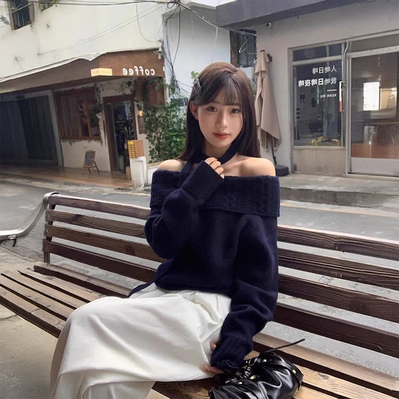 ネックリボンオフショルダーケーブルニット