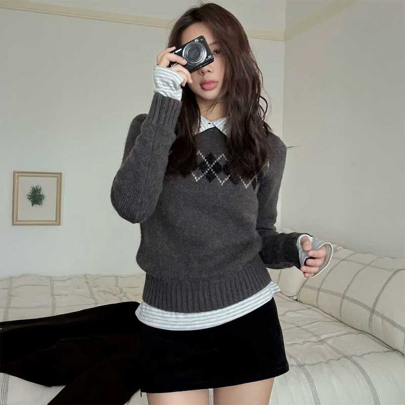 アーガイルグレークルーニット