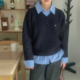 レイヤードブルーシャツボタンニット