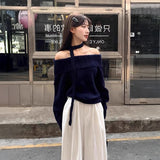 ネックリボンオフショルダーケーブルニット