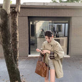 チェックアクセントノーカラートレンチコート