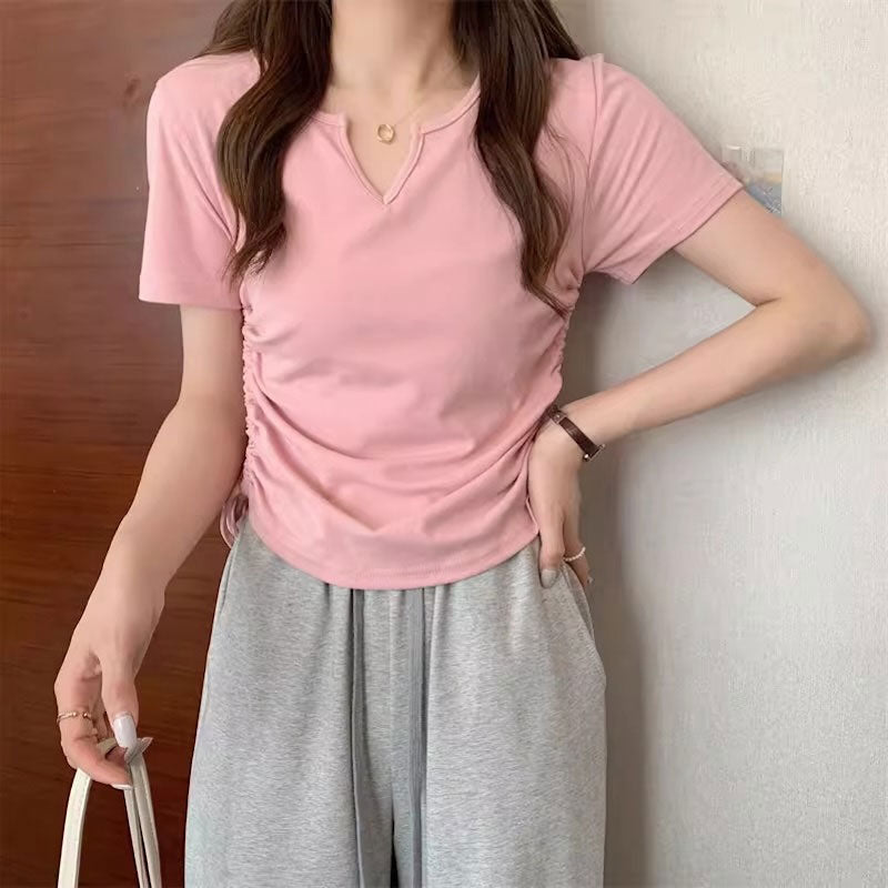 ネックスリットサイドギャザーTシャツ