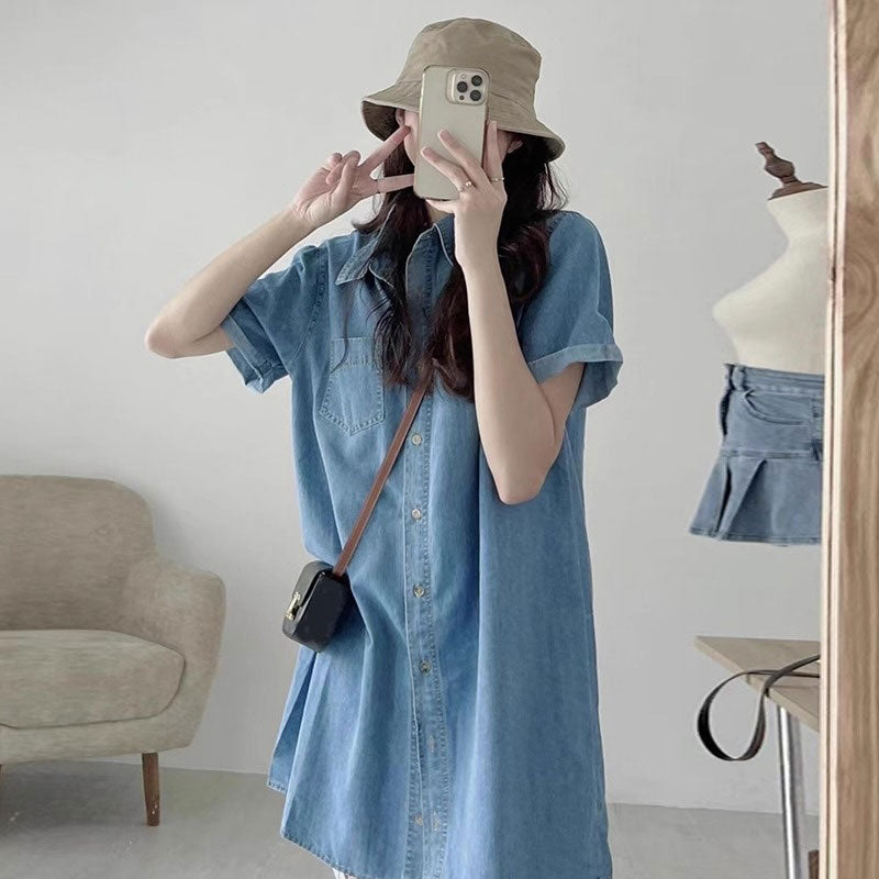 半袖デニムロングシャツ