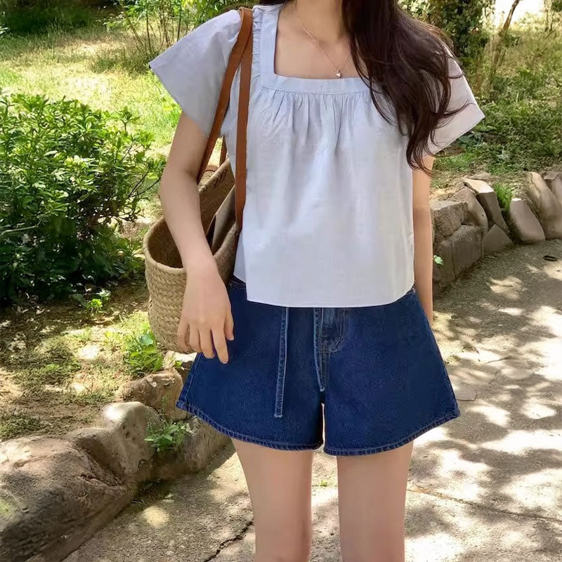 ウエストリボンデニムショートパンツ