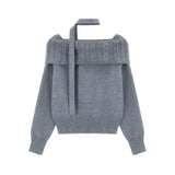 ネックリボンオフショルダーケーブルニット