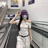 ワンショルダーリボン刺繍Tシャツ
