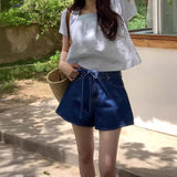 ウエストリボンデニムショートパンツ