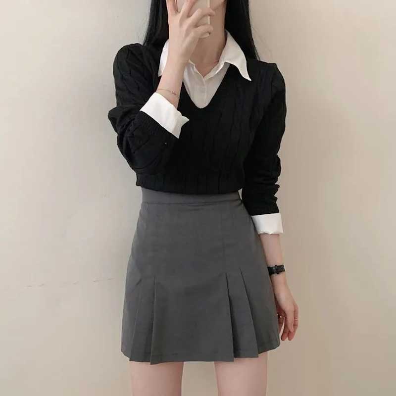 レイヤードシャツケーブルニット