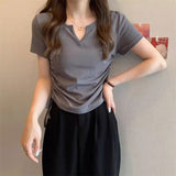 ネックスリットサイドギャザーTシャツ