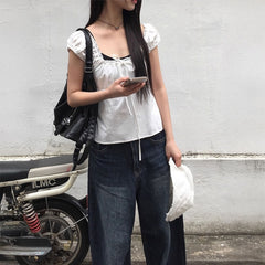 バックリボンスクエアパフブラウス