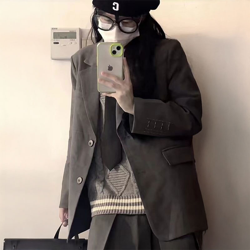 韓国風グレーベスト私立制服コーデ4点SET
