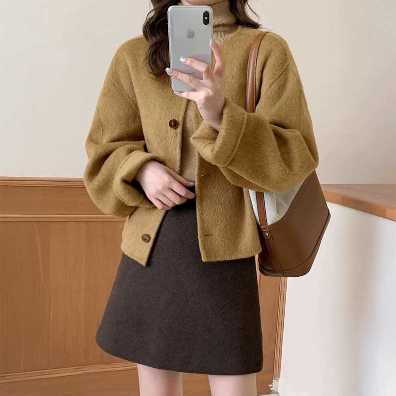 ノーカラーウールタッチボタンコート