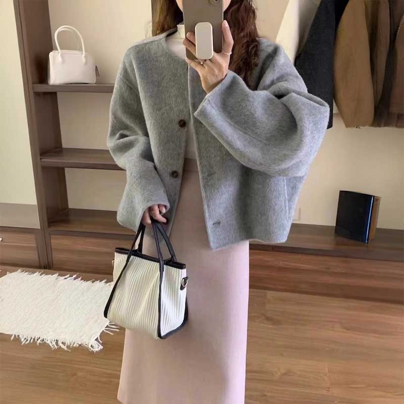 ノーカラーウールタッチボタンコート