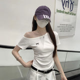 ワンショルダーリボン刺繍Tシャツ