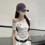 ワンショルダーリボン刺繍Tシャツ