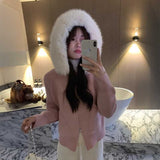 ファーフードニットパーカー