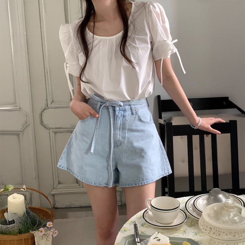 ウエストリボンデニムショートパンツ