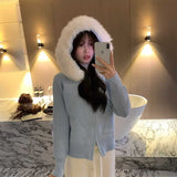 ファーフードニットパーカー