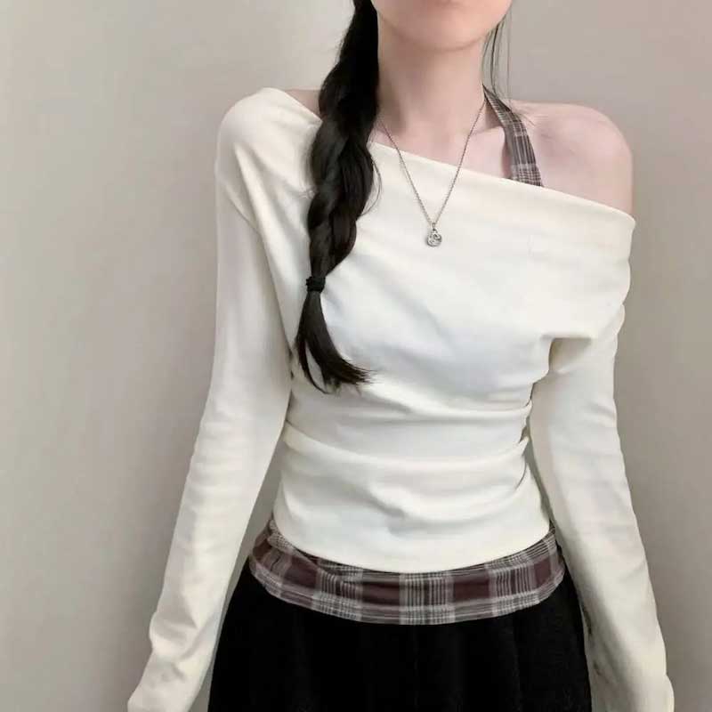 チェックアクセントワンショルダーロンT