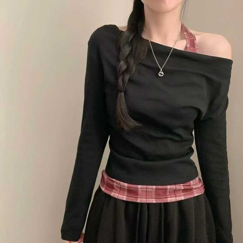 チェックアクセントワンショルダーロンT