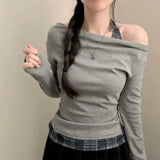 チェックアクセントワンショルダーロンT