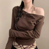 チェックアクセントワンショルダーロンT