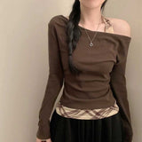 チェックアクセントワンショルダーロンT