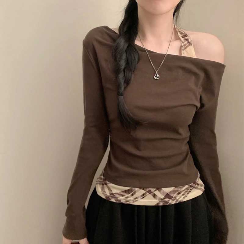 チェックアクセントワンショルダーロンT