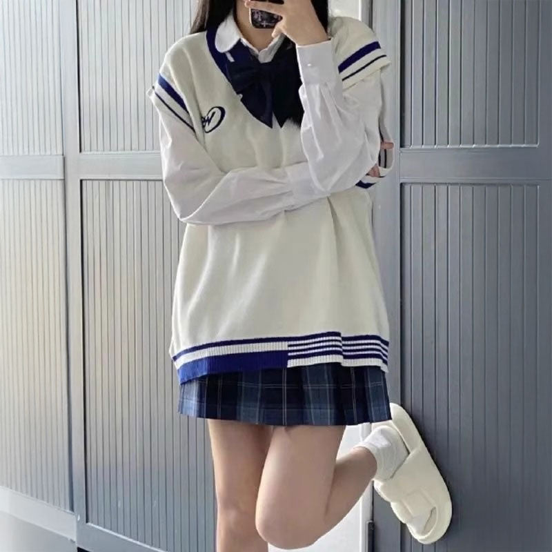 韓国風ブルーホワイトベスト制服コーデ3点SET
