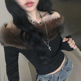 ファーオフショルダーロンT